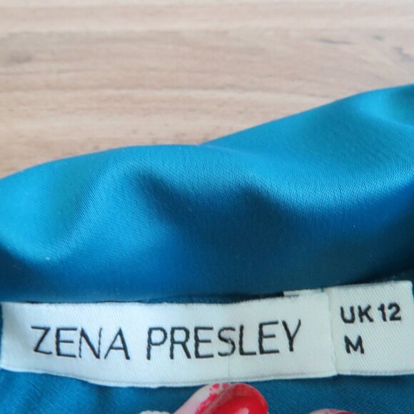 ZENA PRESLEY Teal Satin Drapey Button Front Shirt Top Mob Wives - Women's Size M - Picture 11 of 11